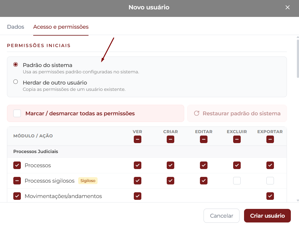 Aba Acesso e permissões com as opções Padrão do sistema e Herdar de outro usuário