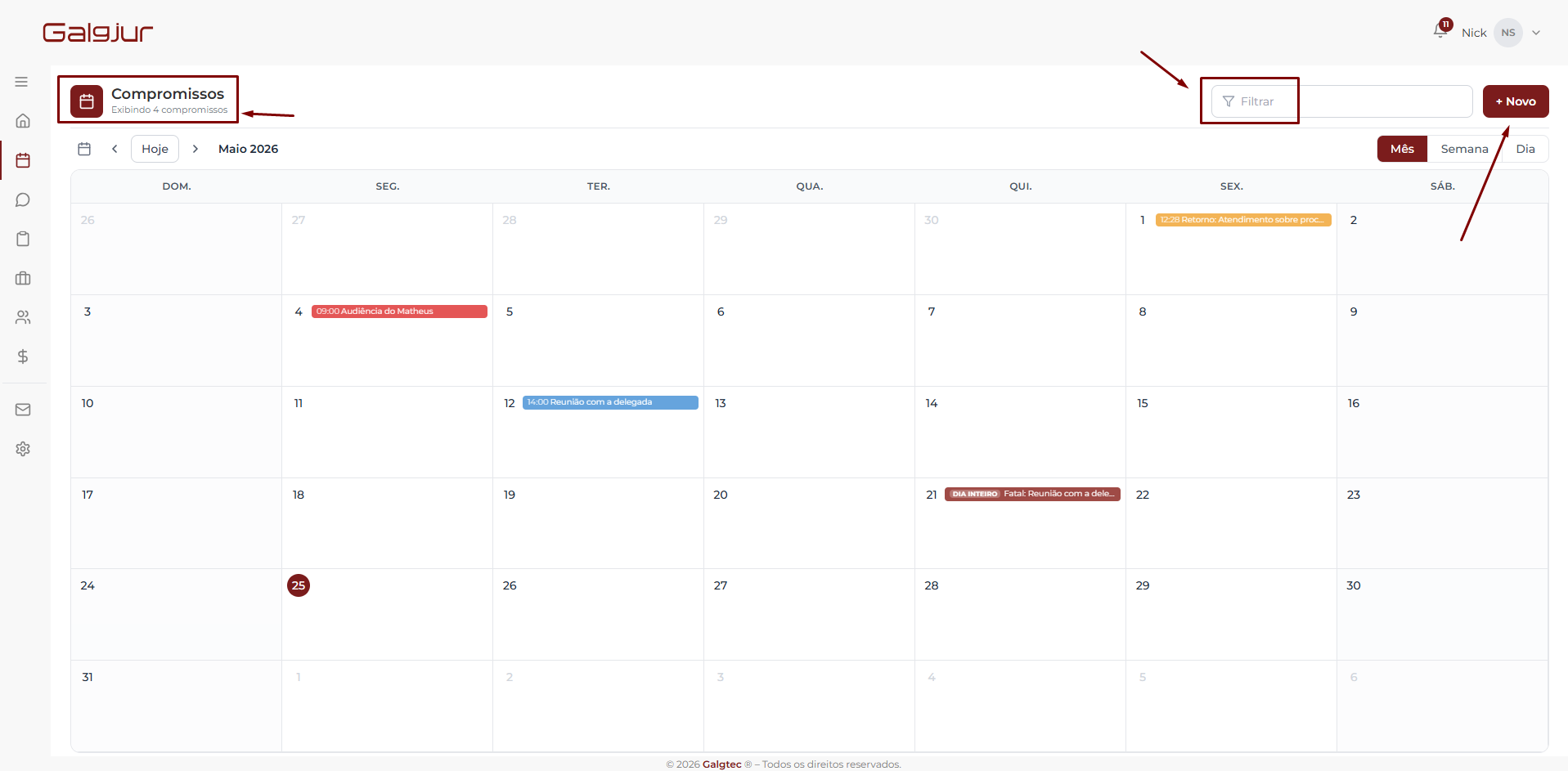 Tela de Compromissos do Galgjur exibindo o calendário no modo Mês, com o título e contador no canto superior esquerdo e os elementos Filtrar e + Novo destacados no canto superior direito
