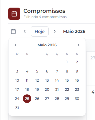 Controles de navegação da agenda com o mini-calendário popover aberto, mostrando o mês de Maio 2026 e o dia 25 selecionado em destaque vinho