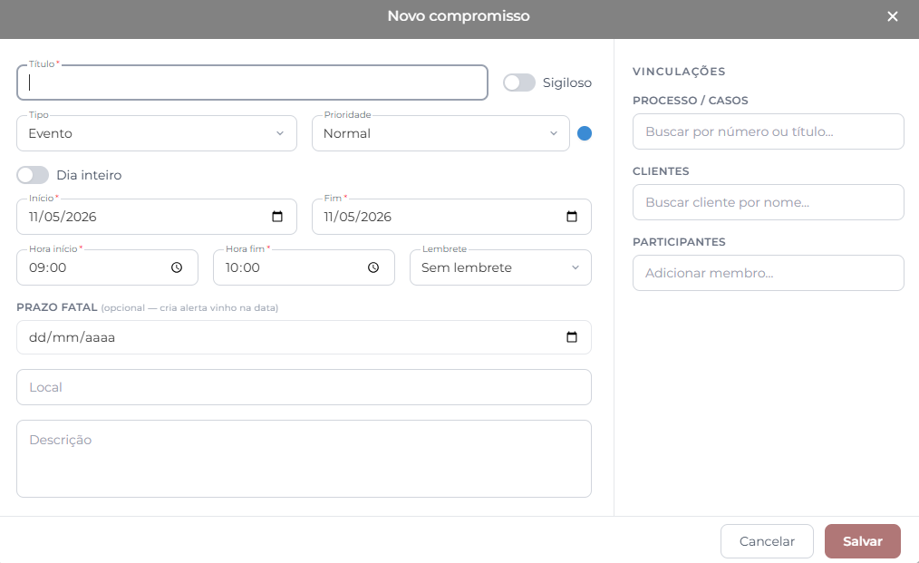 Janela Novo compromisso com duas colunas: à esquerda campos como Título, Tipo, Prioridade, opção de ativar e desativar Dia inteiro, datas, horas, Lembrete, Prazo fatal, Local e Descrição; à direita Vinculações com Processo/Casos, Clientes e Participantes