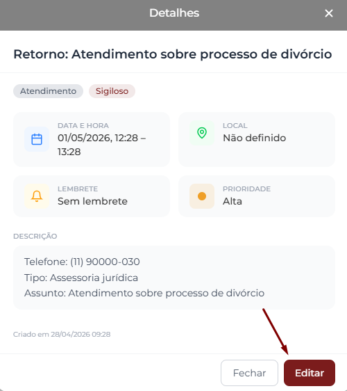 Janela Detalhes de um compromisso de atendimento sigiloso exibindo título, badges Atendimento e Sigiloso, Data e Hora, Local, Lembrete, Prioridade Alta e Descrição, com o botão Editar destacado no rodapé