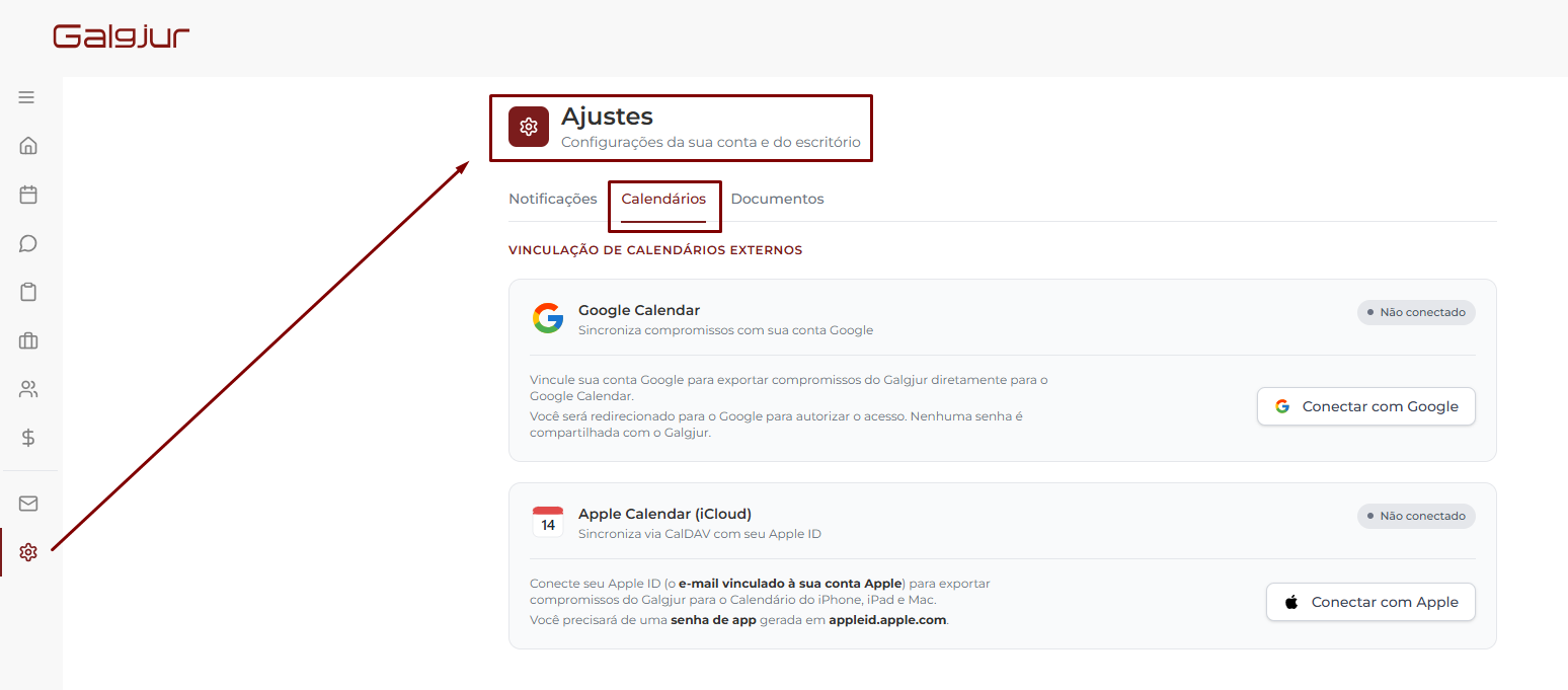 Tela Ajustes do Galgjur na aba Calendários, exibindo a seção Vinculação de Calendários Externos com os dois cards: Google Calendar (Não conectado, botão Conectar com Google) e Apple Calendar via iCloud (Não conectado, botão Conectar com Apple)