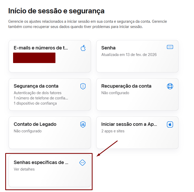 Página Início de sessão e segurança do Apple ID exibindo vários cards de configuração, com o card Senhas específicas de app destacado no canto inferior esquerdo