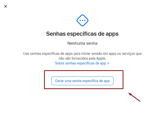 Tela Senhas específicas de apps no Apple ID, exibindo a mensagem Nenhuma senha e o botão Gerar uma senha específica de app destacado