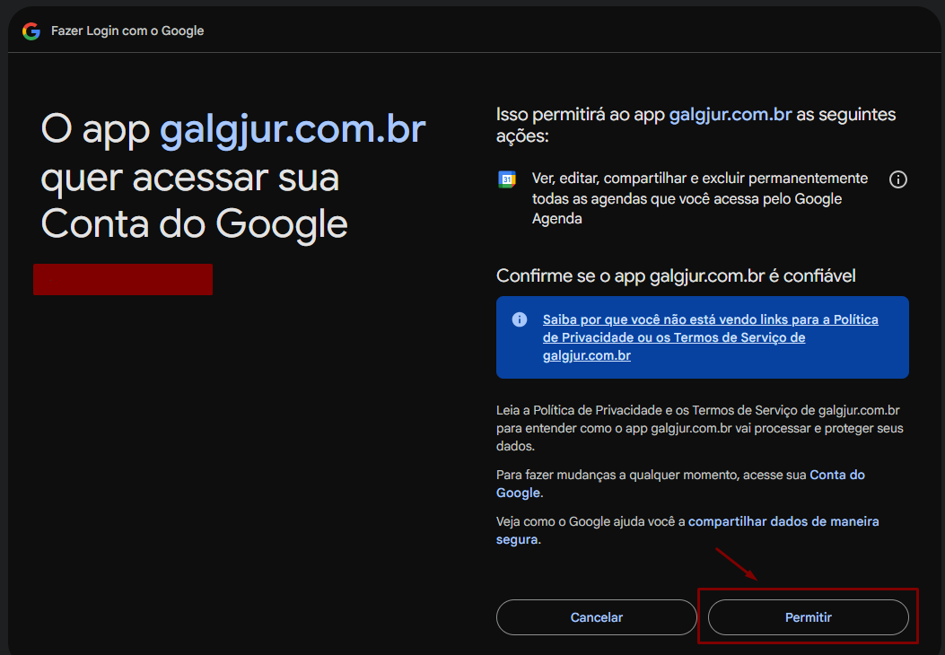 Tela de autorização do Google mostrando o app galgjur.com.br pedindo acesso para ver, editar, compartilhar e excluir agendas, com o botão Permitir destacado no canto inferior direito