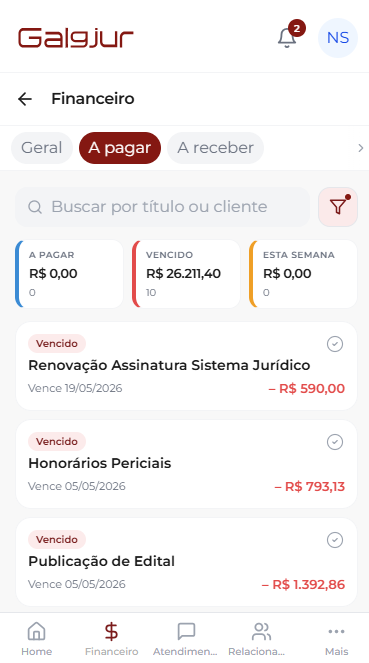 Tela Financeiro do app mobile com abas Geral, A pagar (selecionada) e A receber, campo de busca, cartões de resumo (A pagar, Vencido, Esta semana) e lista de lançamentos com status Vencido, título, vencimento e valor em vermelho
