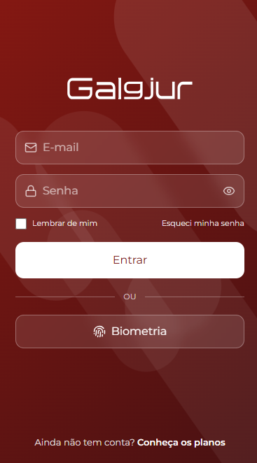 Tela de login do app mobile no celular, com o logo Galgjur centralizado, campos E-mail e Senha, checkbox Lembrar de mim, link Esqueci minha senha, botão Entrar, divisor OU, botão Biometria com ícone de impressão digital e o link Ainda não tem conta? Conheça os planos no rodapé