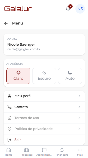 Tela Menu do app mobile exibindo o bloco Conta com nome e e-mail do usuário, o seletor de Aparência (Claro selecionado, Escuro, Auto) e a lista de itens Meu perfil, Contato, Termos de uso, Política de privacidade e Sair