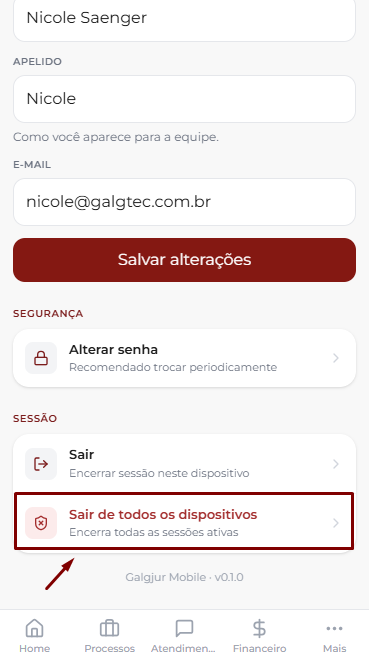 Tela Meu Perfil do app mobile com os campos de nome, apelido e e-mail, botão Salvar alterações, seção Segurança com Alterar senha e seção Sessão com as opções Sair (encerrar sessão neste dispositivo) e Sair de todos os dispositivos (encerra todas as sessões ativas) em destaque