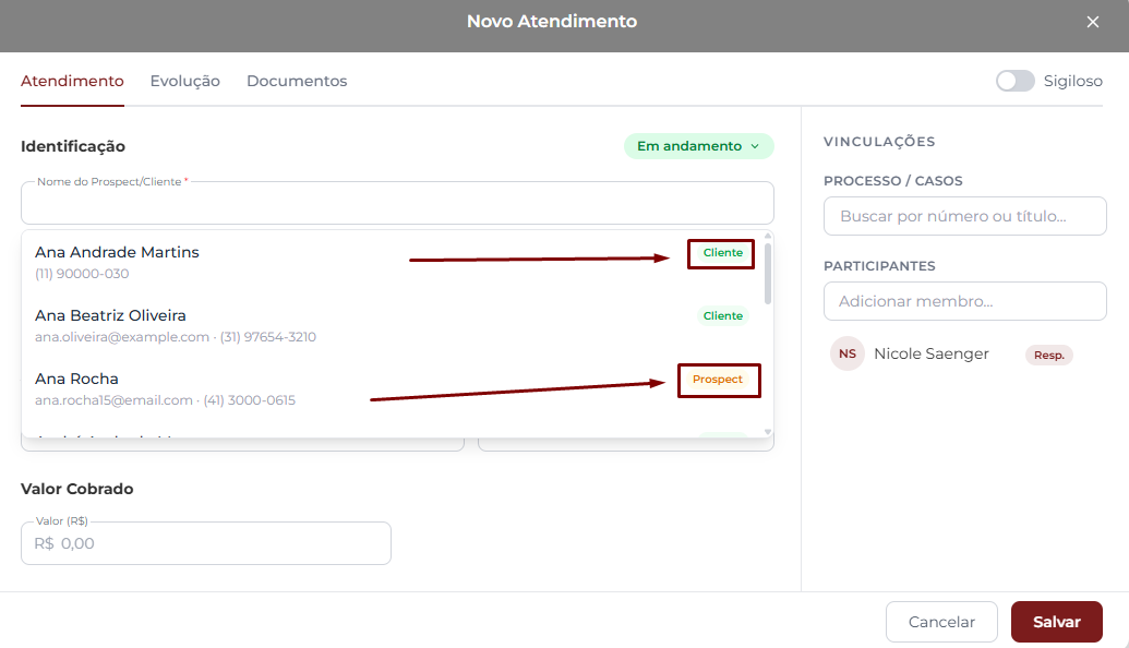 Janela Novo Atendimento com o campo Nome do Prospect/Cliente em foco e o dropdown aberto, listando resultados com badges verdes Cliente e âmbar Prospect ao lado de cada nome