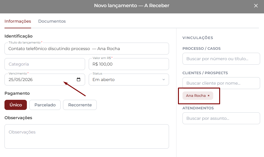 Janela Novo lançamento — A Receber aberto após salvar o atendimento, com título, valor, vencimento e cliente Ana Rocha já preenchidos automaticamente a partir dos dados do atendimento