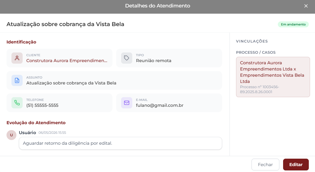 Janela Detalhes do Atendimento exibindo identificação (cliente, tipo, assunto, telefone, e-mail), vinculações com processo na coluna direita, evolução do atendimento com a nota mais recente e botões Fechar e Editar no rodapé