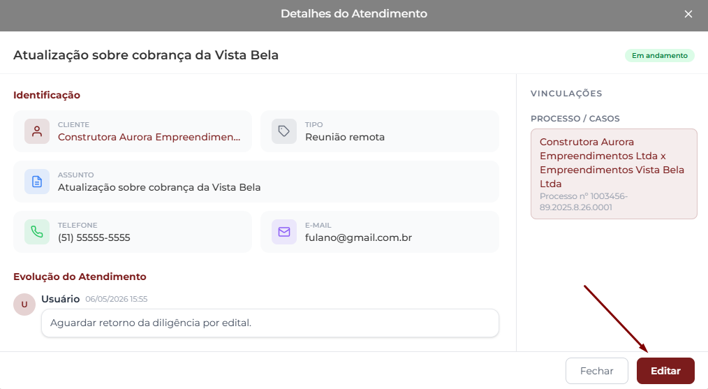 Janela Detalhes do Atendimento aberto com a identificação completa do atendimento e o botão Editar destacado no rodapé direito, ao lado do botão Fechar
