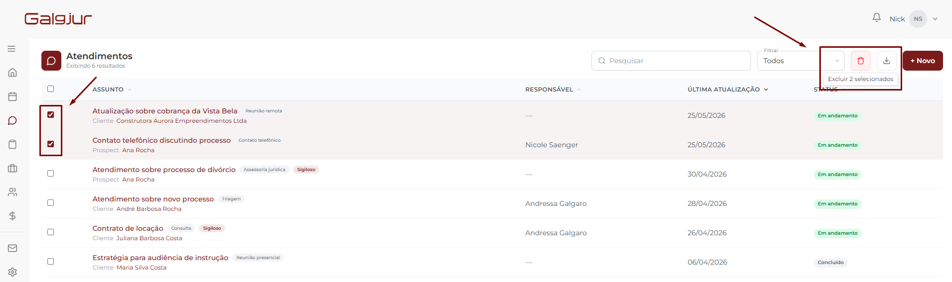 Lista de Atendimentos com duas linhas selecionadas via checkbox marcadas em vinho e o ícone de lixeira destacado no topo direito da tabela, exibindo o tooltip Excluir 2 selecionados