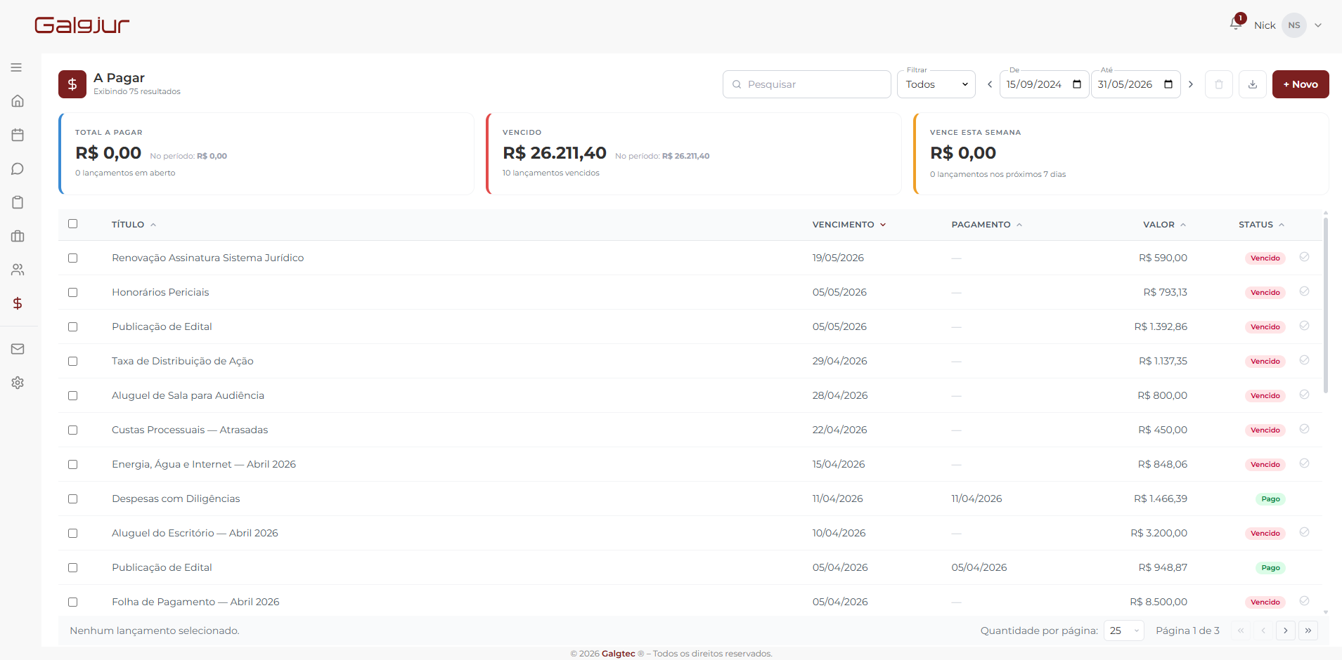 Tela A Pagar do módulo Financeiro com três cards no topo (Total a pagar, Vencido e Vence esta semana), filtros de Pesquisa, Status e intervalo de datas De/Até, botão + Novo; tabela com colunas Título, Vencimento, Pagamento, Valor e Status com badges coloridas (Vencido rosa, Pago verde)