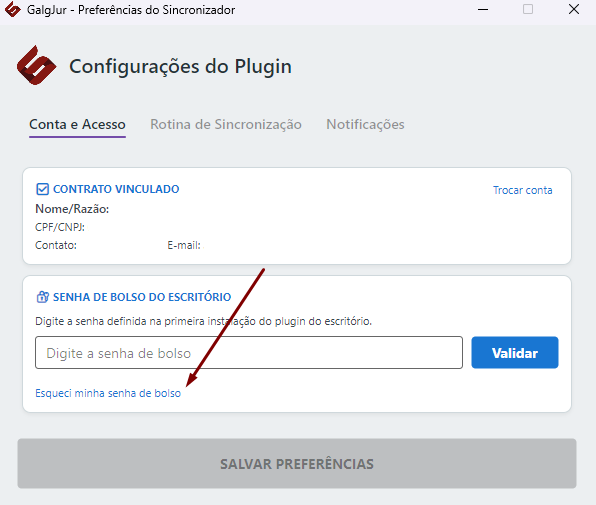 Aba Conta e Acesso do plugin com o card Contrato Vinculado preenchido e o card Senha de Bolso do Escritório logo abaixo, exibindo o campo Digite a senha de bolso, o botão Validar em azul e o link Esqueci minha senha de bolso no canto inferior esquerdo