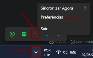 Menu de contexto do plugin Galgjur na bandeja do sistema do Windows com as opções Sincronizar Agora, Preferências (destacada) e Sair