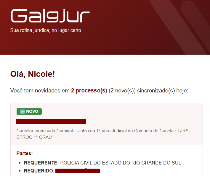 E-mail de resumo enviado pelo plugin com saudacao Ola Nicole, mensagem Voce tem novidades em 2 processo(s) (2 novo(s)) sincronizado(s) hoje, e card de um processo com badge verde NOVO, numero CNJ 5000208-42.2022.8.21.0041, classe Cautelar Inominada Criminal, vara Juizo da 1a Vara Judicial da Comarca de Canela TJRS EPROC 1 GRAU, lista de Partes (REQUERENTE Policia Civil RS, REQUERIDO Jackson Muller, INTERESSADOS varios) com indicador e mais 23, e secao Ultimos eventos com data 09/06 Decorrido prazo