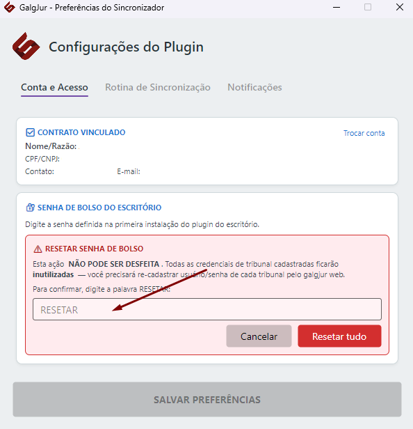 Card Senha de Bolso do Escritório com o painel de Resetar Senha de Bolso aberto, exibindo aviso vermelho de que a ação não pode ser desfeita e todas as credenciais de tribunal ficarão inutilizadas, campo de confirmação onde digitar a palavra RESETAR, e botões Cancelar e Resetar tudo em vermelho