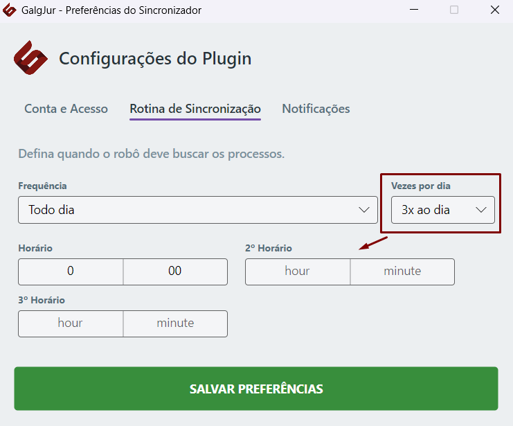 Aba Rotina de Sincronização com Frequência Todo dia, Vezes por dia com 2x ao dia selecionado e dois pares de campos de horário lado a lado: Horário (0 00) e 2º Horário (placeholder hour minute)
