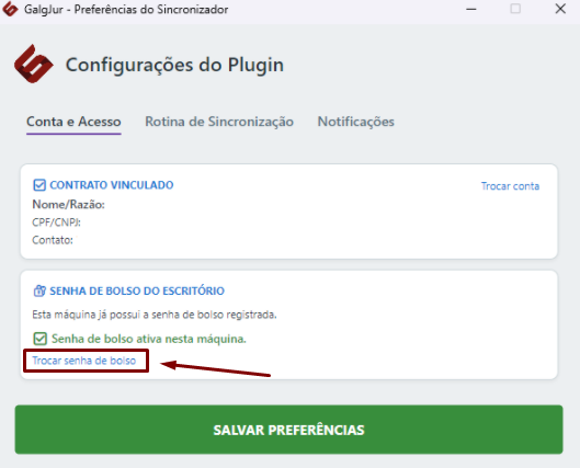 Janela Configurações do Plugin na aba Conta e Acesso, com o card Senha de Bolso do Escritório indicando que esta máquina já possui a senha registrada, a marcação Senha de bolso ativa nesta máquina e o link Trocar senha de bolso destacado logo abaixo