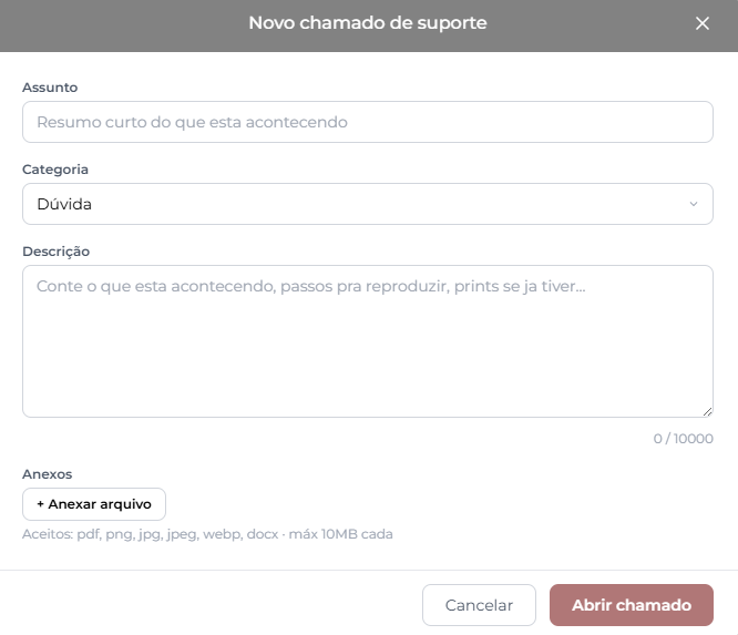 Modal Novo chamado de suporte com cabeçalho cinza e botão de fechar, campos Assunto (placeholder Resumo curto do que esta acontecendo), Categoria (Dúvida selecionada), Descrição (caixa de texto multilinha com contador 0/10000), seção Anexos com botão + Anexar arquivo e a observação Aceitos: pdf, png, jpg, jpeg, webp, docx · máx 10MB cada, e no rodapé os botões Cancelar e Abrir chamado em vinho