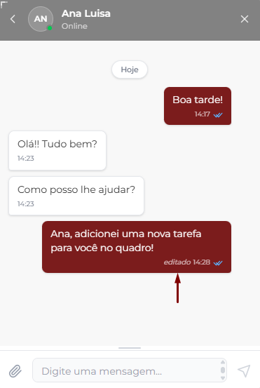 Mensagem própria no chat interno depois de editada: o texto 'Ana, adicionei uma nova tarefa para você no quadro!' exibe a marca 'editado' ao lado do horário 14:28.