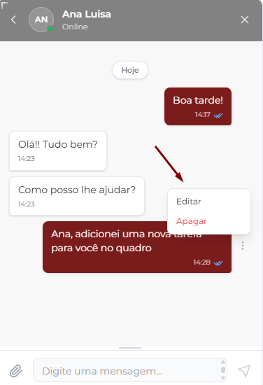 Conversa no chat interno com o menu de três pontinhos aberto sobre uma mensagem própria, mostrando as opções 'Editar' e 'Apagar' (esta última em vermelho).