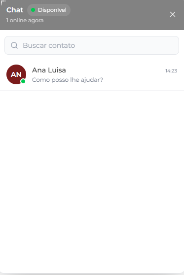 Painel do chat interno do Galgjur: cabeçalho com 'Chat', selo 'Disponível' e '1 online agora', campo de busca 'Buscar contato' e a lista de contatos mostrando 'Suporte Galgtec' — avatar com as iniciais SU e bolinha de presença verde, prévia da última mensagem 'Boa tarde!' com confirmação de leitura e o horário 14:17.
