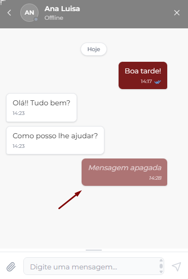 Conversa no chat interno com uma mensagem própria apagada: no lugar do texto aparece 'Mensagem apagada' em itálico, com o horário 14:28.