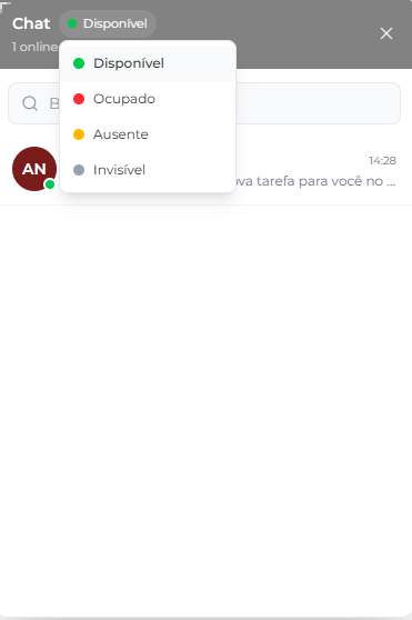 Cabeçalho do chat interno com o seletor de status aberto: as opções Disponível (bolinha verde), Ocupado (bolinha vermelha), Ausente (bolinha âmbar) e Invisível (bolinha cinza), com 'Disponível' marcado como atual.