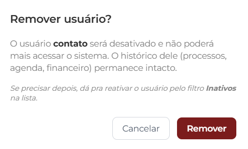 Modal Remover usuário? com o texto explicando que o usuário será desativado e não poderá mais acessar o sistema, que o histórico (processos, agenda, financeiro) permanece intacto, e o lembrete de que dá pra reativar pelo filtro Inativos. No rodapé, os botões Cancelar e Remover