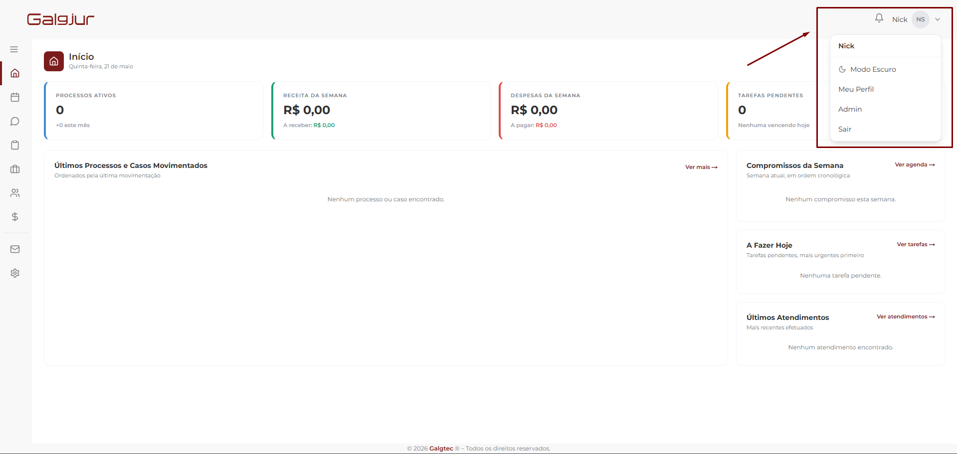 Menu do usuário aberto no canto superior direito mostrando Modo Escuro, Meu Perfil, Admin e Sair