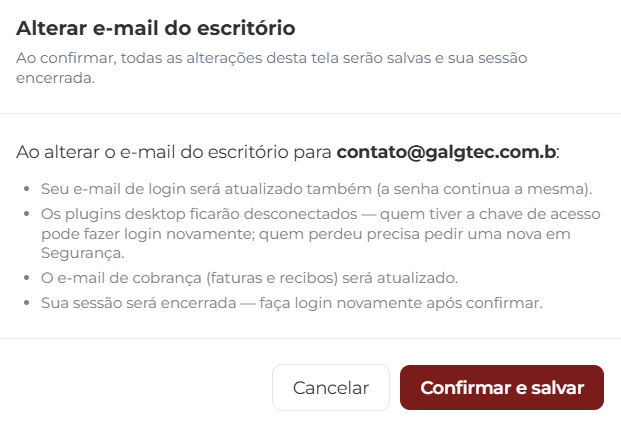 Segundo passo da janela Alterar e-mail do escritorio com lista das consequencias da troca: e-mail de login atualizado, plugins desktop desconectados, e-mail de cobranca atualizado, sessao encerrada; e botoes Cancelar e Confirmar e salvar em vinho