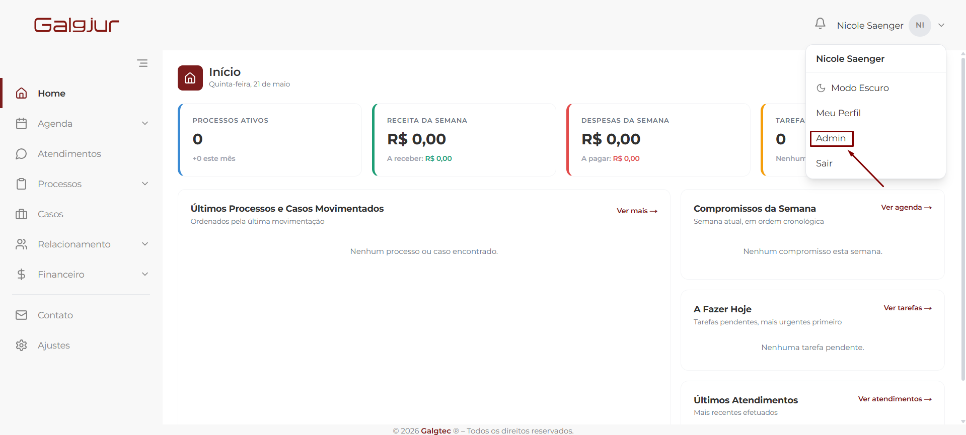 Menu do avatar aberto com a opção Admin destacada