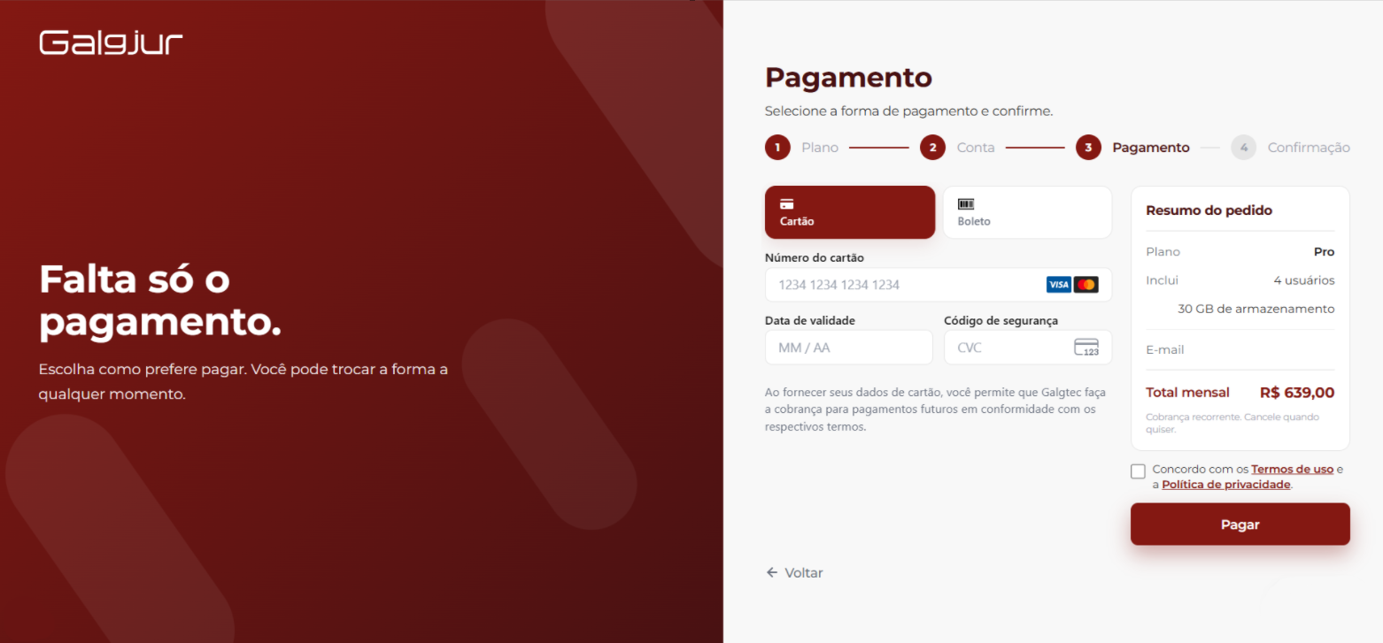Tela Pagamento do Galgjur com painel esquerdo vinho Falta só o pagamento, stepper indicando etapa 3 - Pagamento ativa, abas Cartão (selecionada) e Boleto, formulário com Número do cartão, Data de validade e Código de segurança. Coluna lateral direita com Resumo do pedido (Plano Pro, 4 usuários, 30 GB, e-mail) e Total mensal R$ 639,00 com Cobrança recorrente Cancele quando quiser. Checkbox de termos e botão Pagar destacado