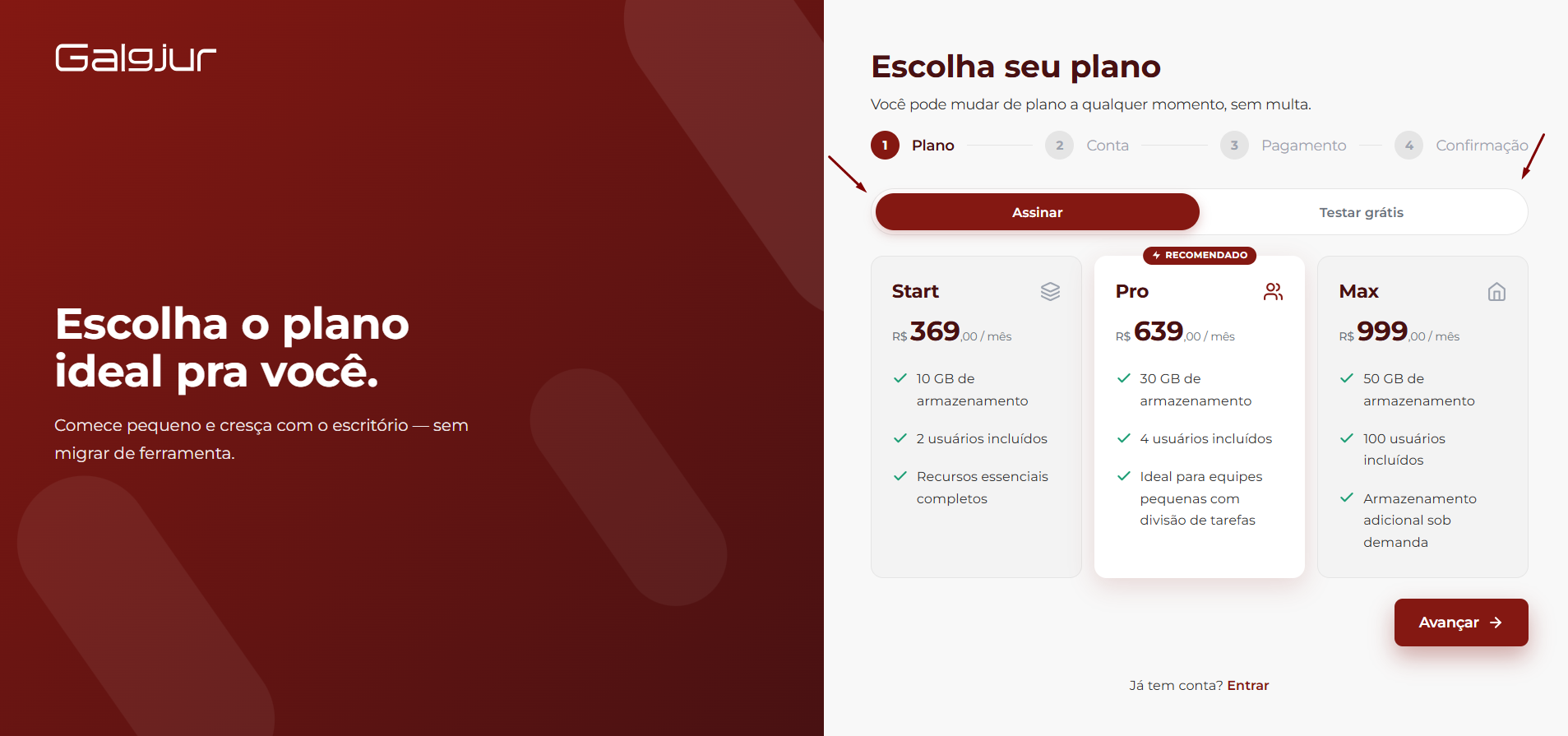 Tela Escolha seu plano do Galgjur com painel esquerdo vinho exibindo o título Escolha o plano ideal pra você, e à direita o stepper com 4 etapas (Plano selecionada, Conta, Pagamento, Confirmação), opção de ativar e desativar Assinar (selecionado) e Testar grátis, e três cards dos planos: Start R$ 369/mês com 10 GB e 2 usuários, Pro R$ 639/mês com 30 GB e 4 usuários (marcado como Recomendado) e Max R$ 999/mês com 50 GB e 100 usuários. Botão Avançar no canto inferior direito