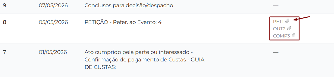 Evento na linha do tempo exibindo o nome do documento em cinza ao lado de um ícone de clipe, indicando que o arquivo pode ser anexado manualmente