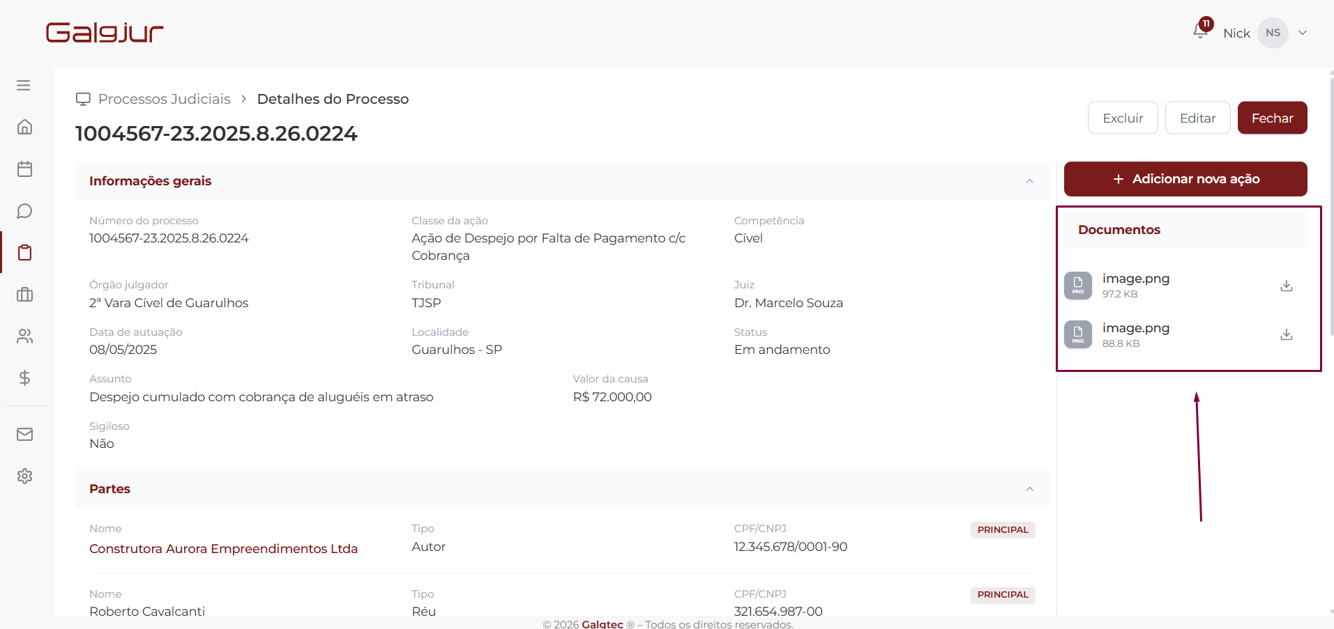 Tela de Detalhes do Processo com o painel lateral direito Documentos destacado, mostrando dois arquivos image.png com seus tamanhos e ícones de download