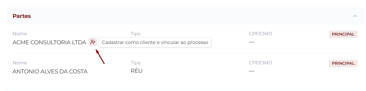Seção Partes do processo com o mouse sobre uma parte, exibindo o ícone de pessoa+ e o tooltip Cadastrar como cliente e vincular ao processo
