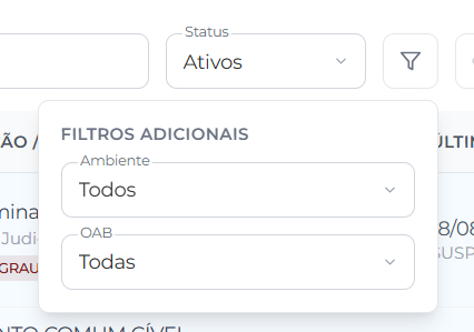 Popover Filtros adicionais aberto ao lado do menu Status (em Ativos), com os campos Ambiente (Todos) e OAB (Todas)