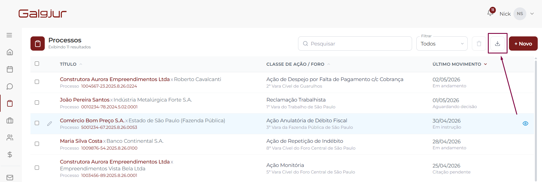 Tela da lista de Processos com o ícone de download destacado no canto superior direito, entre o botão de excluir e o botão + Novo