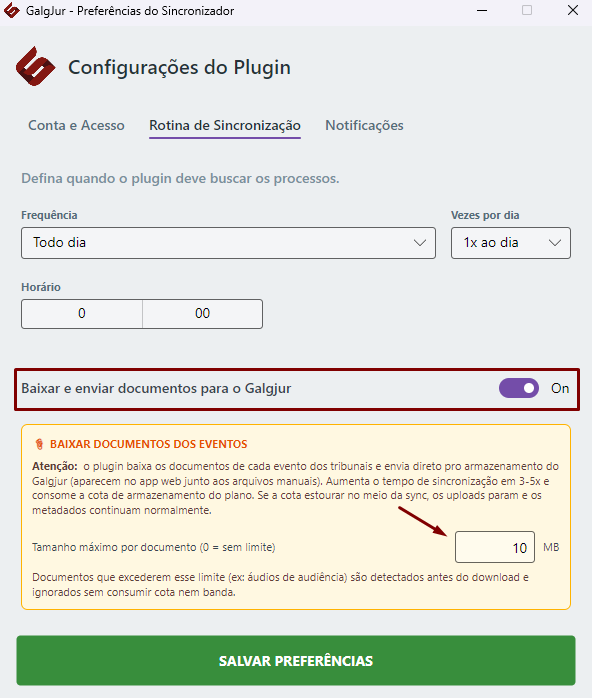 Janela Configurações do Plugin do Galgjur na aba Rotina de Sincronização, com a opção Baixar e enviar documentos para o Galgjur ativada, o aviso amarelo sobre consumo de cota e o campo Tamanho máximo por documento preenchido com 10 MB