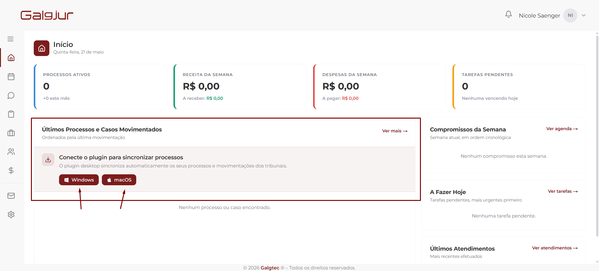 Tela Início do Galgjur com o aviso Conecte o plugin para sincronizar processos e os botões de download para Windows e macOS