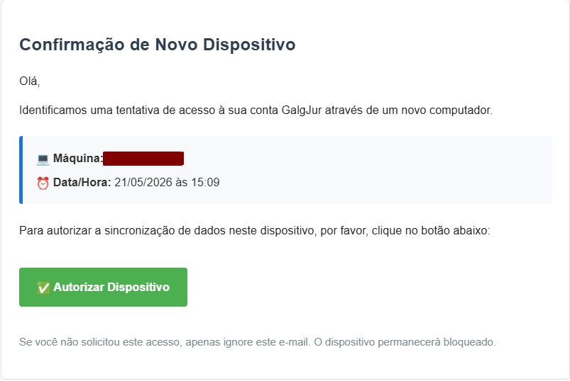 E-mail de Confirmação de Novo Dispositivo enviado pelo Galgjur, com identificação da máquina, data e botão Autorizar Dispositivo
