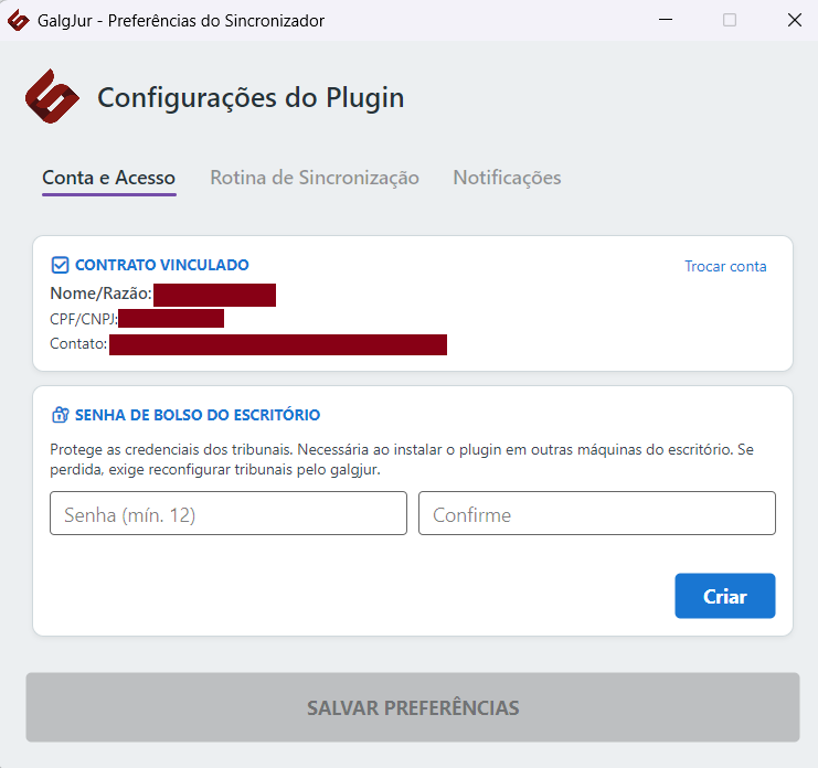 Plugin desktop exibindo o contrato vinculado e o formulário para criar a Senha de Bolso do escritório, com campos Senha (mín. 12) e Confirme