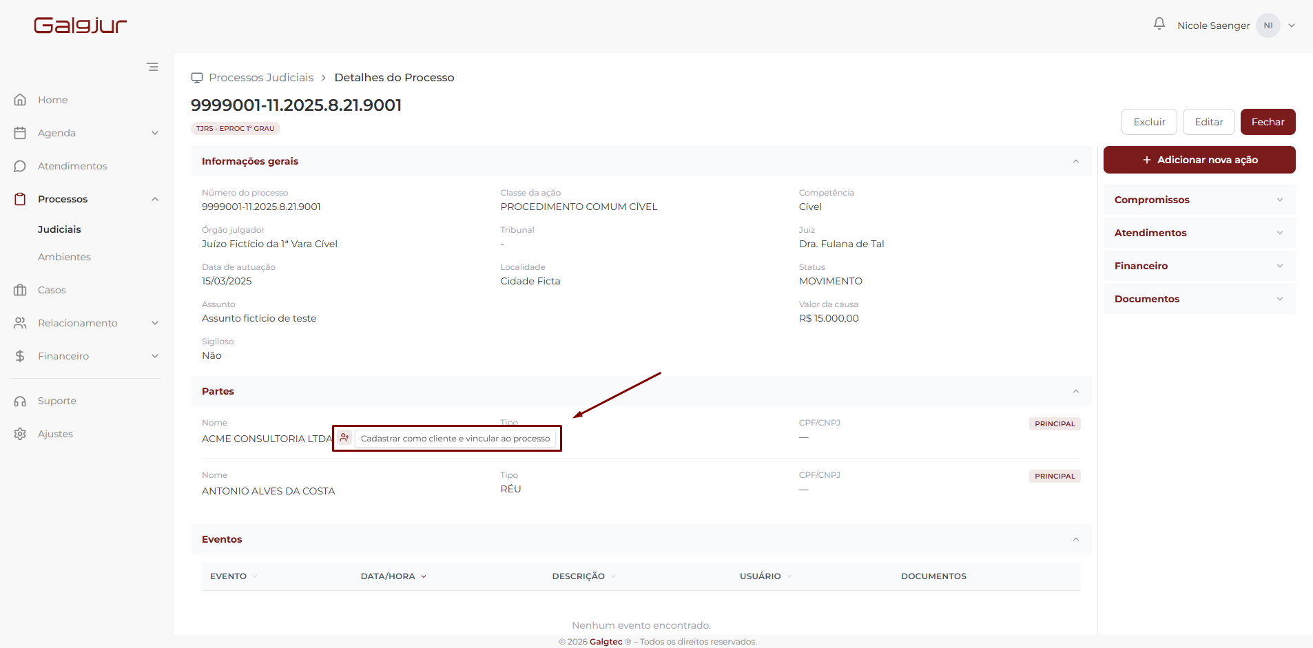 Detalhe do processo com o selo do ambiente TJRS - EPROC 1º GRAU abaixo do número, e a seção Partes com o mouse sobre uma parte exibindo o ícone de pessoa+ e o tooltip Cadastrar como cliente e vincular ao processo