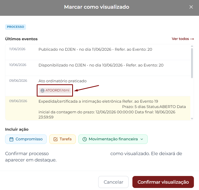 Janela Marcar como visualizado com a lista de Últimos eventos, destacando um evento Ato ordinário praticado com o chip do documento ATOORD1.html ao lado para download