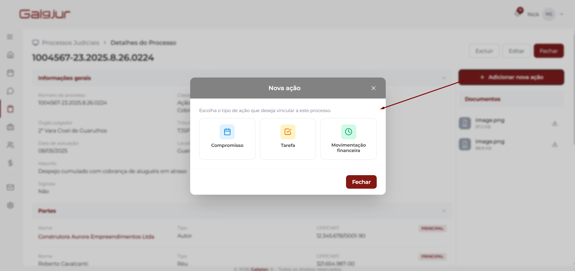 Tela de Detalhes do Processo com o botão + Adicionar nova ação no painel lateral direito destacado e a janela Nova ação aberto mostrando os cards Compromisso, Tarefa e Movimentação financeira