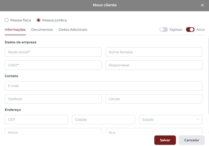 Janela Novo cliente com Pessoa jurídica selecionada, exibindo a seção Dados da empresa com Razão social, Nome fantasia, CNPJ e Responsável, seguida pelas seções Contato (E-mail, Telefone, Celular) e Endereço (CEP, Cidade, Estado, Bairro, Rua) — sem a seção Profissional